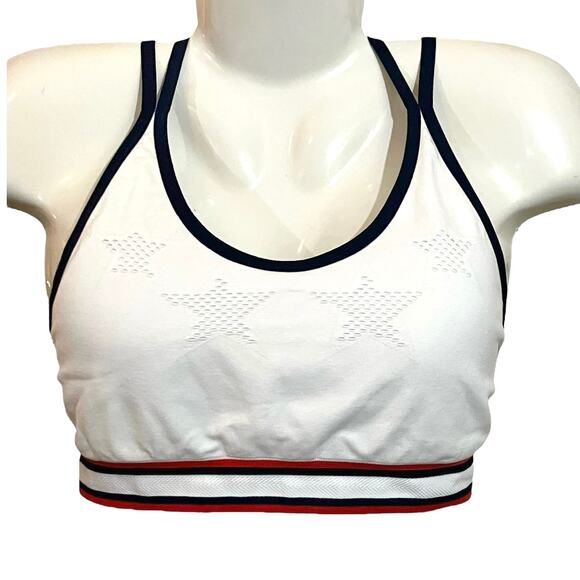 BCG Women's White Texture Stars w Blue/Red Accents Low-Support Sports Bra Size L - Picture 1 of 8